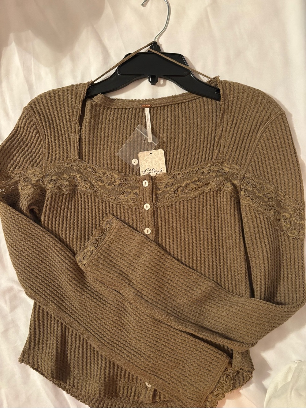 Free People Brown Waffle Knit Lace Henley Top